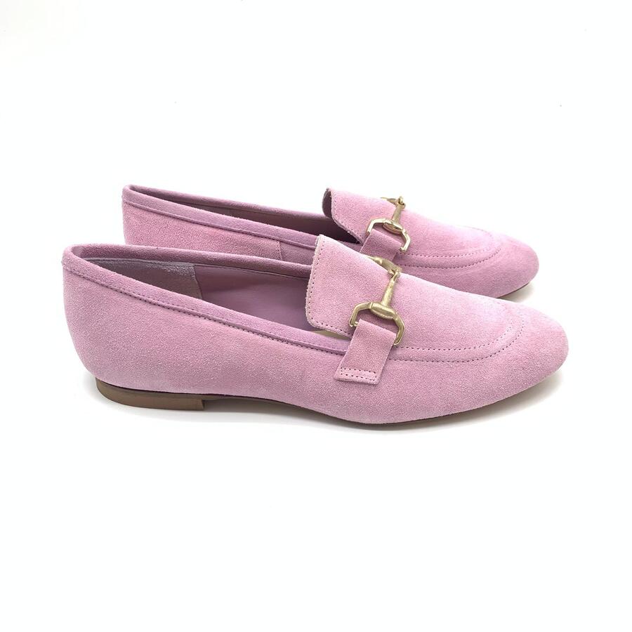 Wil Demulder London  mocassini camoscio rosa con morsetto  in metallo dorato 