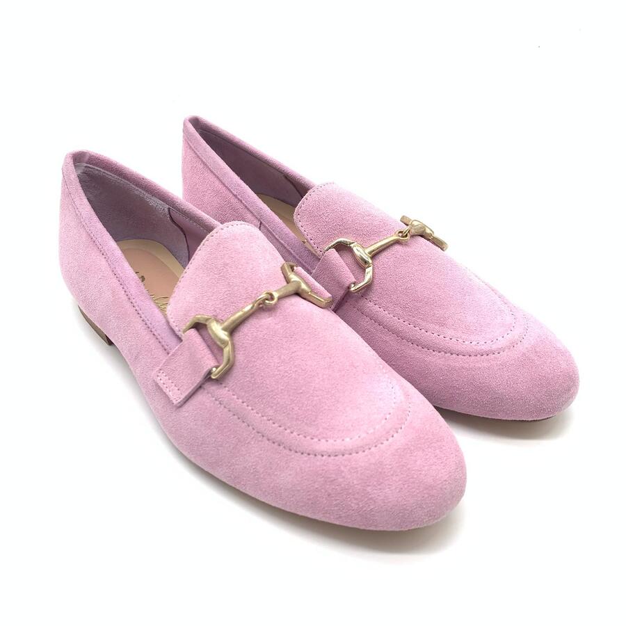 Wil Demulder London  mocassini camoscio rosa con morsetto  in metallo dorato 