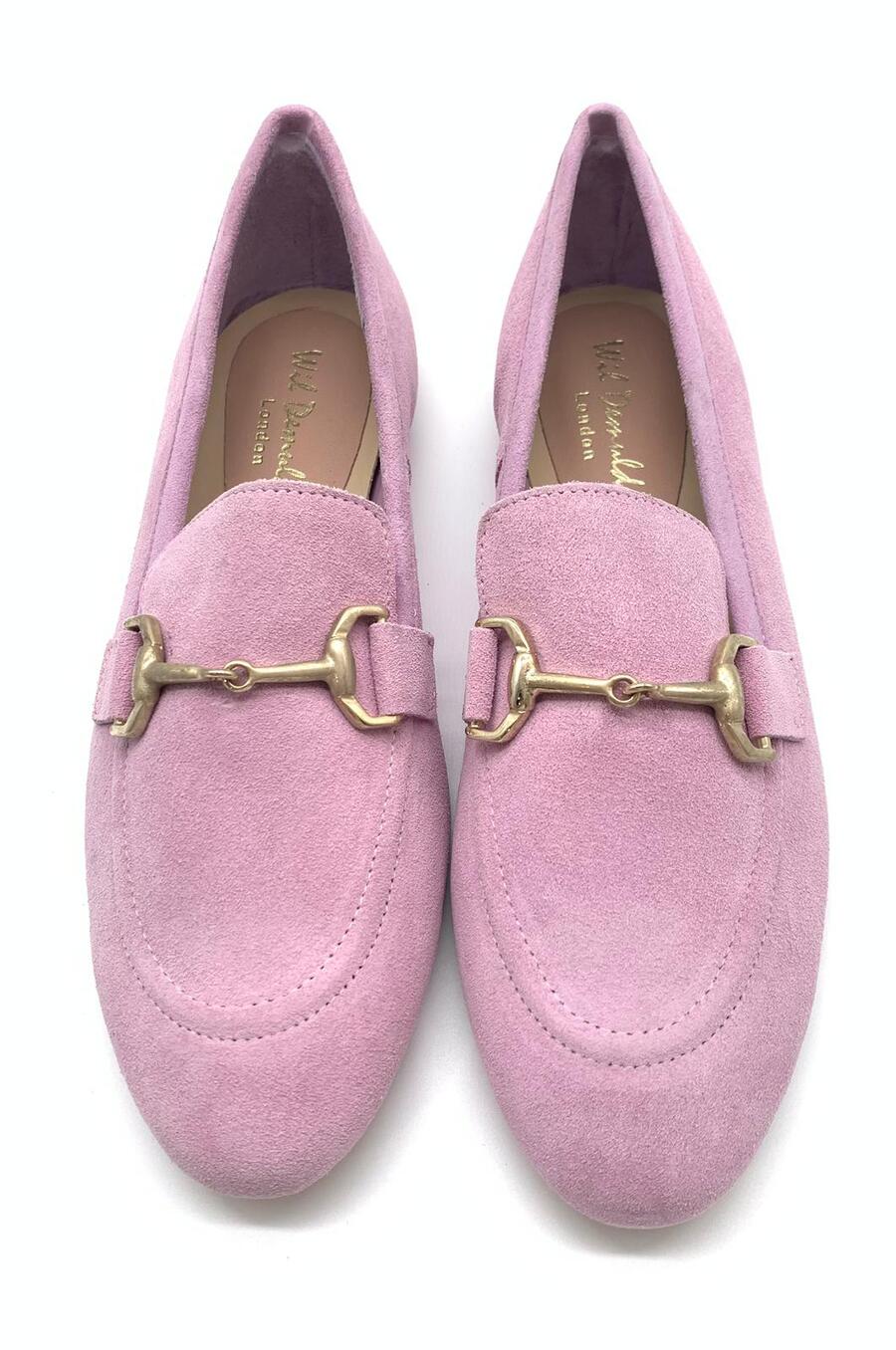 Wil Demulder London  mocassini camoscio rosa con morsetto  in metallo dorato 