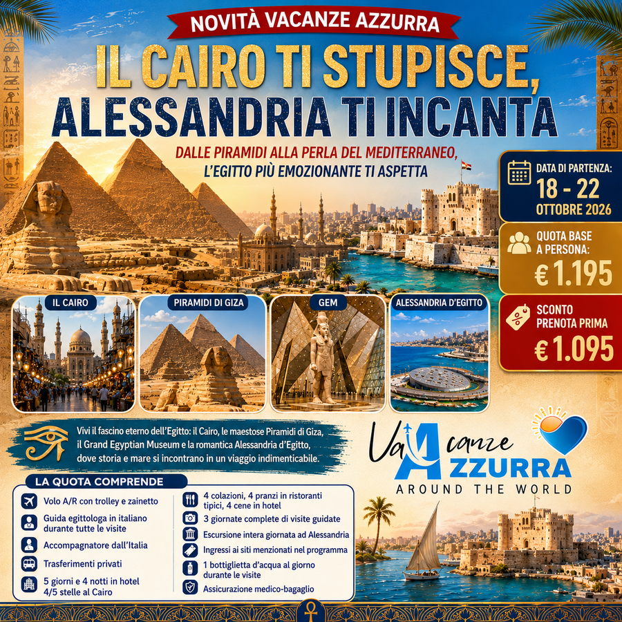 18 OTTOBRE 2026 𝗡𝗢𝗩𝗜𝗧𝐀̀ 𝐓𝐎𝐔𝐑 𝟱 𝗚𝗜𝗢𝗥𝗡𝐈: 𝗖𝗔𝗜𝗥𝗢, 𝐆𝐄𝐌 & 𝐀𝐋𝐄𝐒𝐒𝐀𝐍𝐃𝐑𝐈𝐀 𝐃'𝐄𝐆𝐈𝐓𝐓𝐎