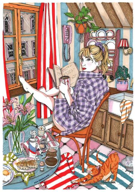 ANA JAREN STAMPA ARTISTICA A4: Window, Coffee and Cat