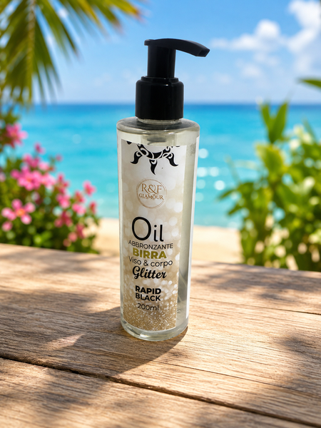 R&F Glamour Oil abbronzante birra con glitter viso e corpo da 200 ml