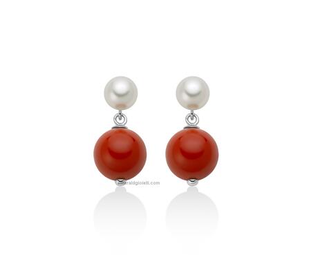 PER2817 Orecchini pendenti con perla e sfera color corallo rosso Miluna 