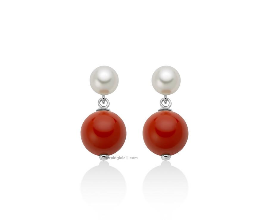 PER2817 Orecchini pendenti con perla e sfera color corallo rosso Miluna 