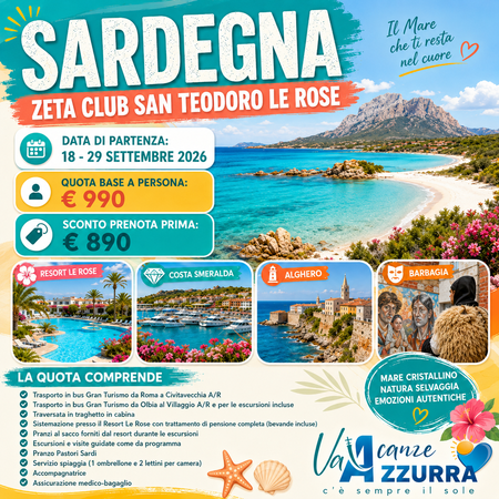 18 SETTEMBRE 2026 9 GIORNI SARDEGNA: San Teodoro, Costa Smeralda, Alghero, Orosei e Barbagia