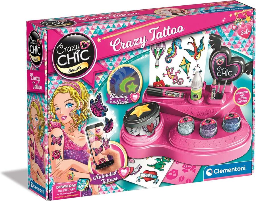 Clementoni Crazy Chic - Crazy Tattoo, Gioco Creativo per Bambini 6+ Anni, Kit Completo per Creare Tatuaggi Temporanei dall'Effetto Glow in The Dark, Set Regalo Divertente e Colorato, 18733