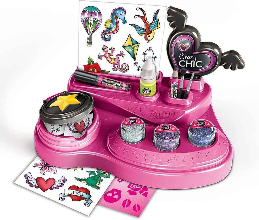 Clementoni Crazy Chic - Crazy Tattoo, Gioco Creativo per Bambini 6+ Anni, Kit Completo per Creare Tatuaggi Temporanei dall'Effetto Glow in The Dark, Set Regalo Divertente e Colorato, 18733