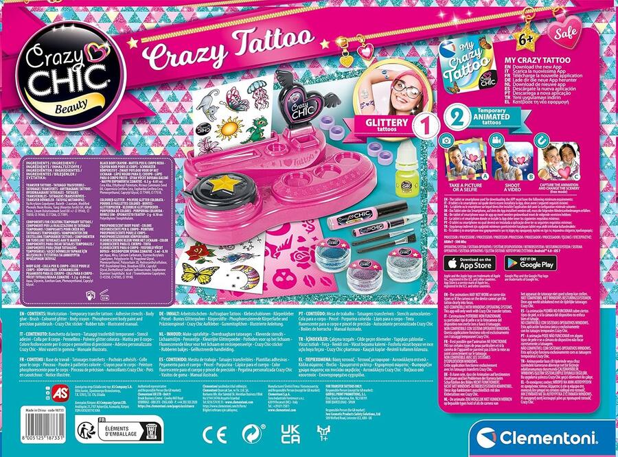 Clementoni Crazy Chic - Crazy Tattoo, Gioco Creativo per Bambini 6+ Anni, Kit Completo per Creare Tatuaggi Temporanei dall'Effetto Glow in The Dark, Set Regalo Divertente e Colorato, 18733