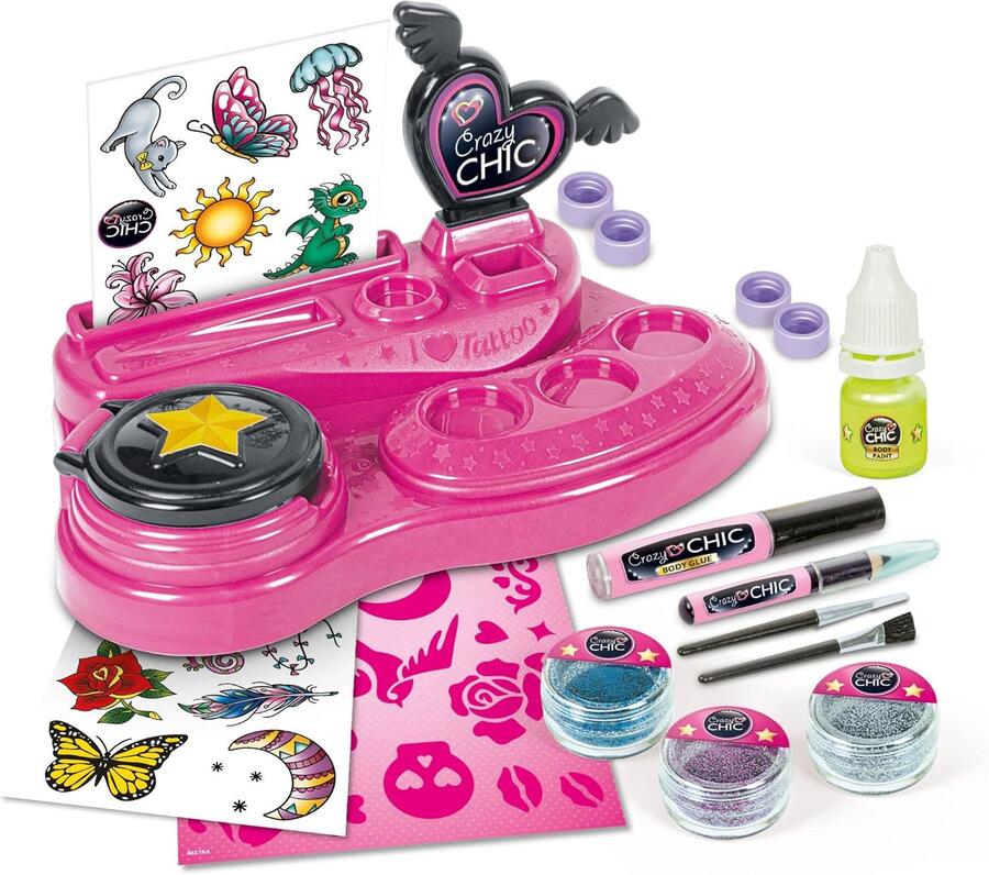 Clementoni Crazy Chic - Crazy Tattoo, Gioco Creativo per Bambini 6+ Anni, Kit Completo per Creare Tatuaggi Temporanei dall'Effetto Glow in The Dark, Set Regalo Divertente e Colorato, 18733