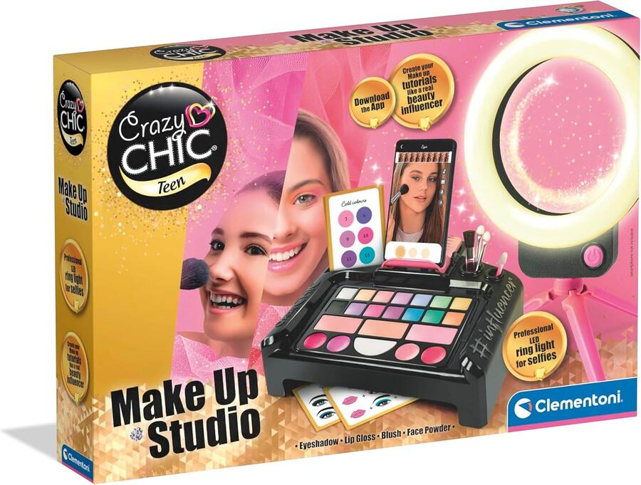 Clementoni Crazy Chic - Make-up Studio, Trousse Trucco Lavabile per Bambine di 8+ Anni, Set Completo con Cosmetici e Pennelli Professionali, Gioco Creativo e Idea Regalo, 18744