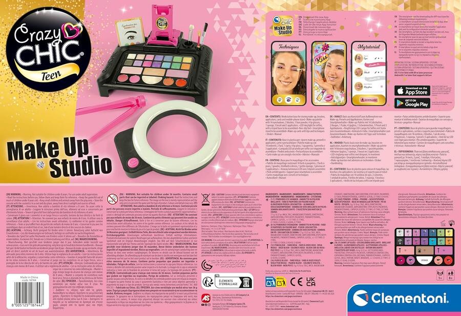 Clementoni Crazy Chic - Make-up Studio, Trousse Trucco Lavabile per Bambine di 8+ Anni, Set Completo con Cosmetici e Pennelli Professionali, Gioco Creativo e Idea Regalo, 18744