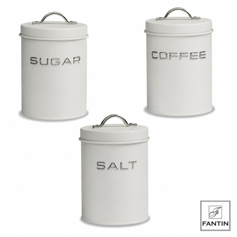 Fantin - Set 3 Barattoli da Cucina Bianchi in Latta "Sugar Coffee Salt" Ø11xH15 cm