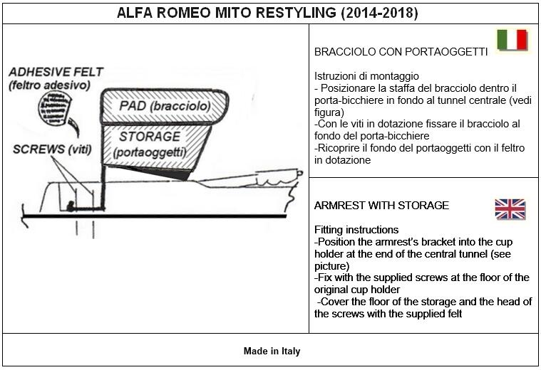 Adjustable armrest with storage for Alfa Romeo Mito (2014-2018)