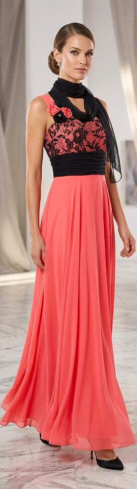 0988 Abito in chiffon foderato con corpetto in pizzo