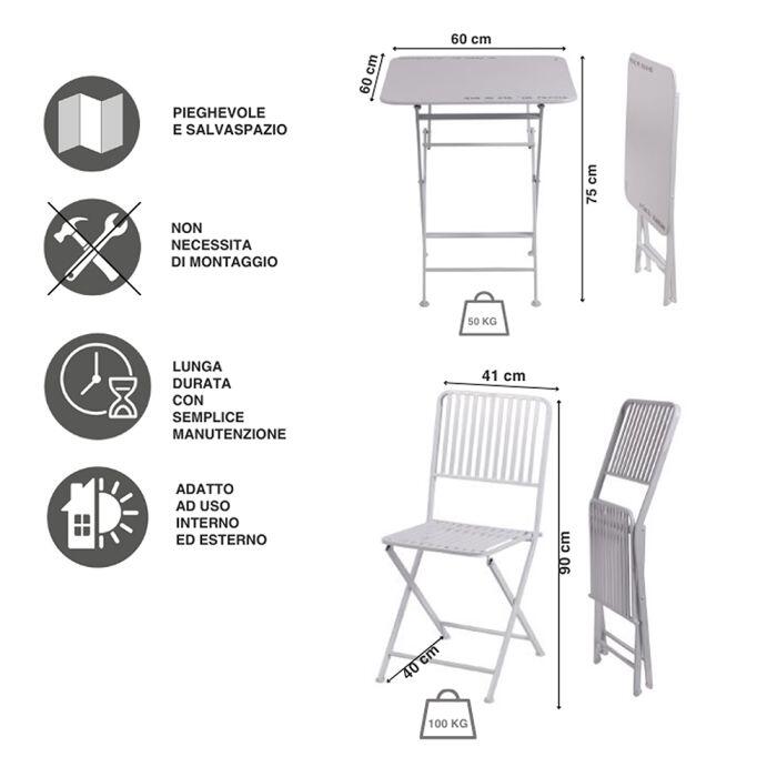 Set tavolo e 2 sedie pieghevoli in ferro, bianco
