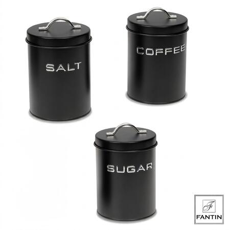 Fantin - Set 3 Barattoli da Cucina Neri in Latta "Sugar Coffee Salt" Ø11xH15 cm