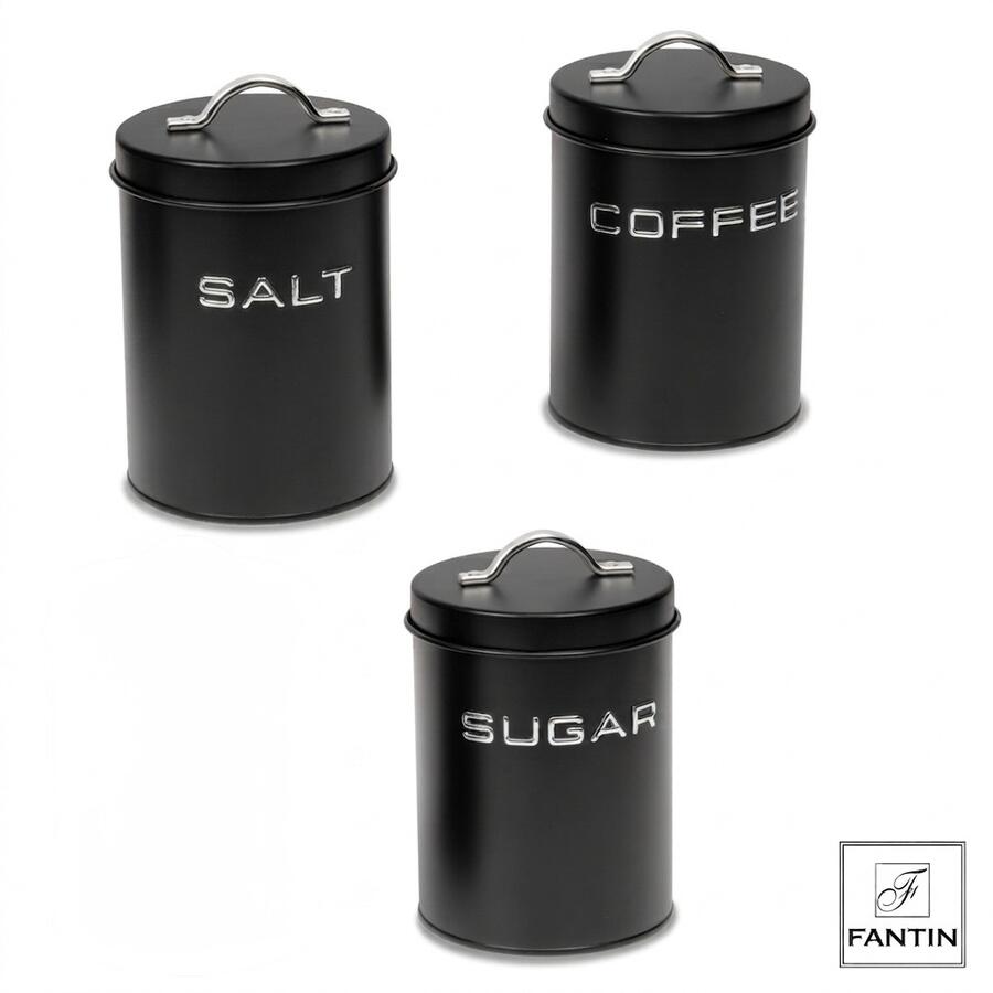 Fantin - Set 3 Barattoli da Cucina Neri in Latta "Sugar Coffee Salt" Ø11xH15 cm