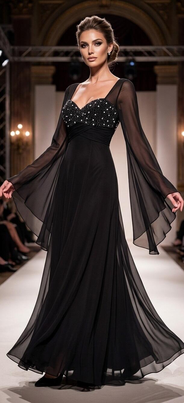 0989 Abito in chiffon foderato con corpetto con perline nere e strass