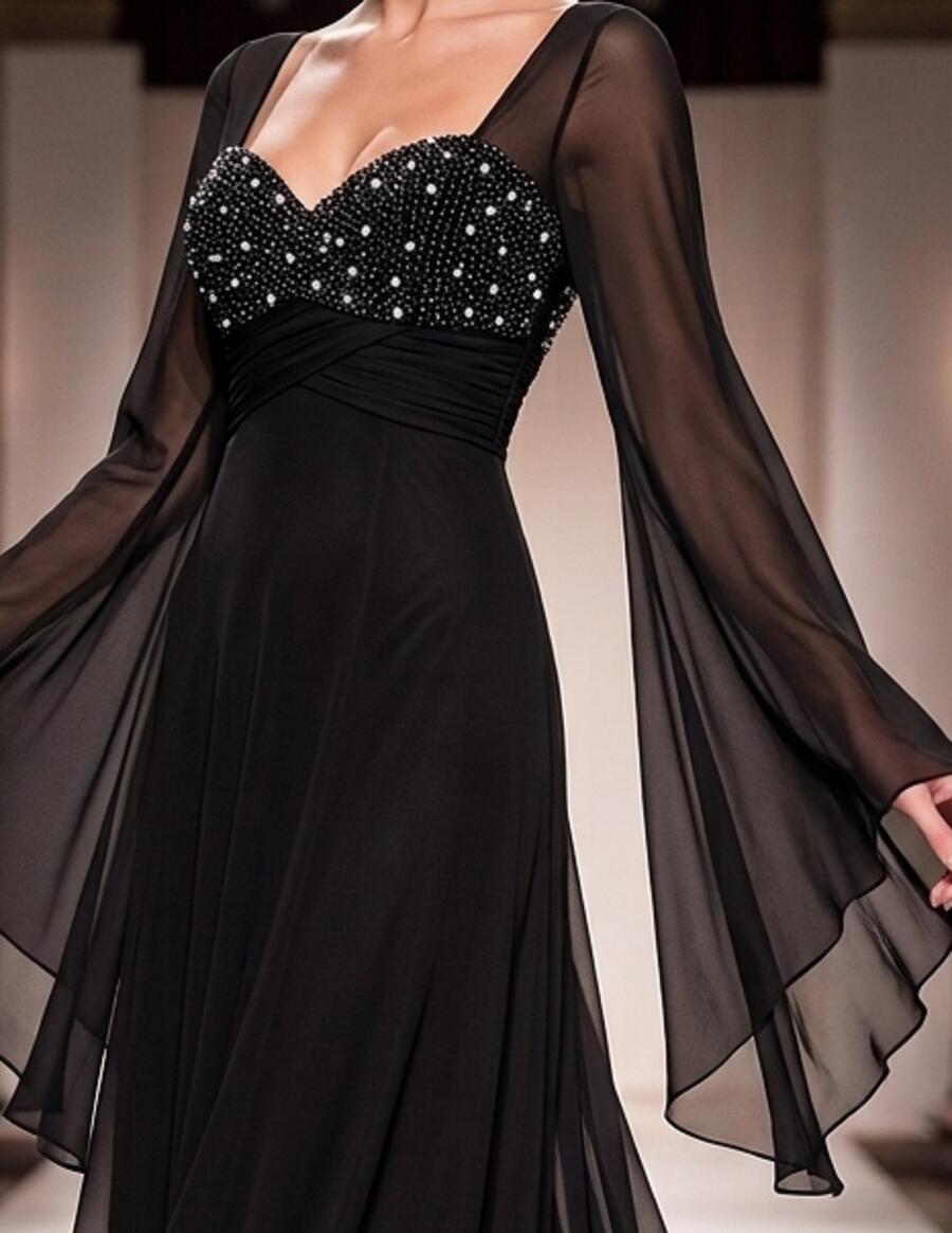 0989 Abito in chiffon foderato con corpetto con perline nere e strass
