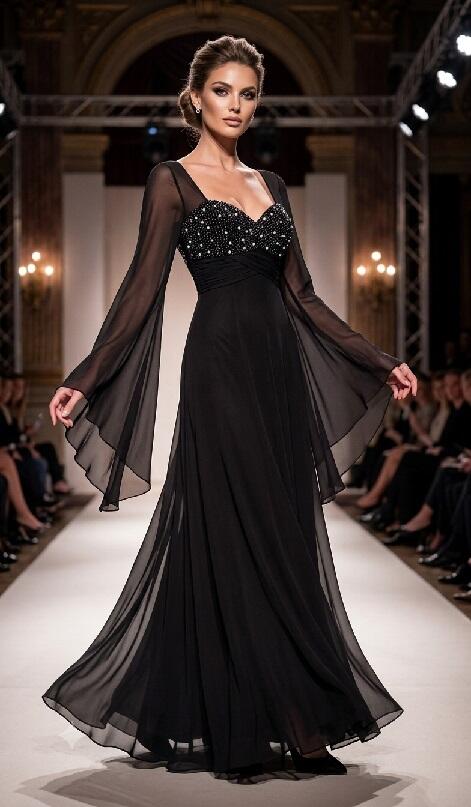 0989 Abito in chiffon foderato con corpetto con perline nere e strass