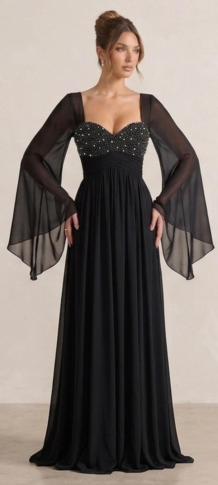 0989 Abito in chiffon foderato con corpetto con perline nere e strass