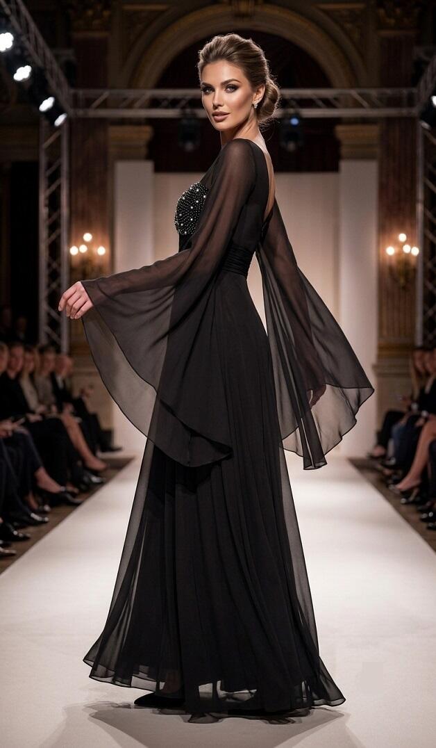 0989 Abito in chiffon foderato con corpetto con perline nere e strass