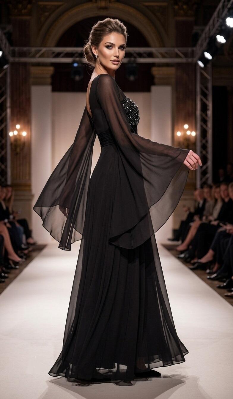 0989 Abito in chiffon foderato con corpetto con perline nere e strass