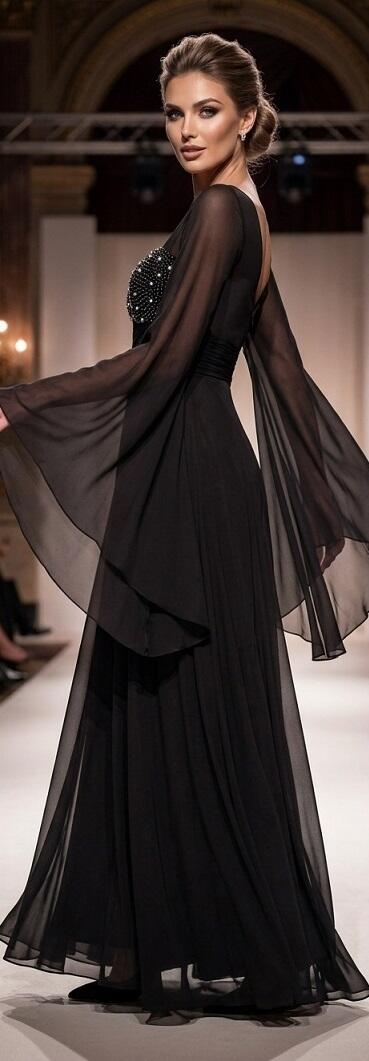 0989 Abito in chiffon foderato con corpetto con perline nere e strass