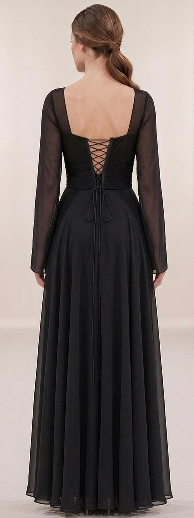 0989 Abito in chiffon foderato con corpetto con perline nere e strass