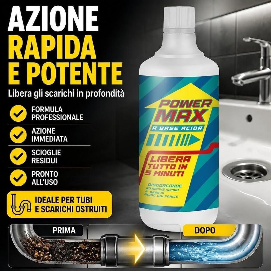 MAX POWER Professional Disgorgante Professionale per Scarichi a Base di Acido Solforico Liquido Potente per Sturare Tubi e Scarichi Ostruiti 750ml 
