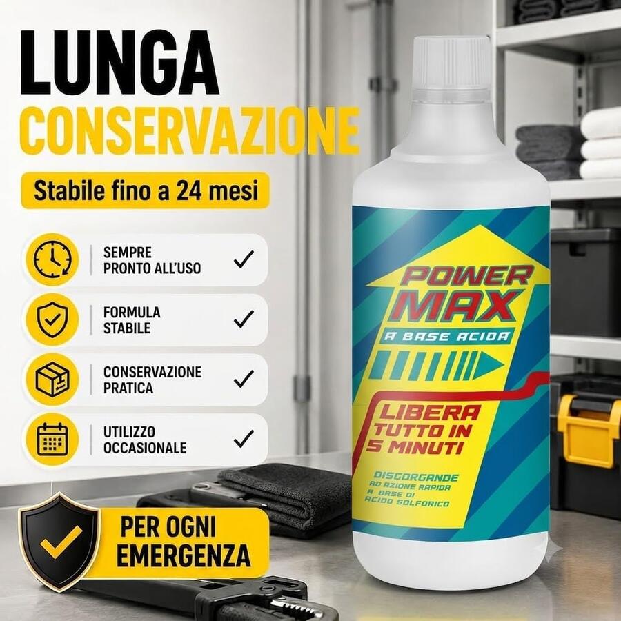 MAX POWER Professional Disgorgante Professionale per Scarichi a Base di Acido Solforico Liquido Potente per Sturare Tubi e Scarichi Ostruiti 750ml 