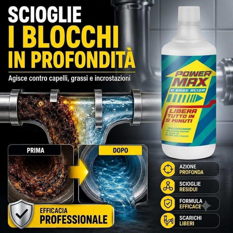 MAX POWER Professional Disgorgante Professionale per Scarichi a Base di Acido Solforico Liquido Potente per Sturare Tubi e Scarichi Ostruiti 750ml 