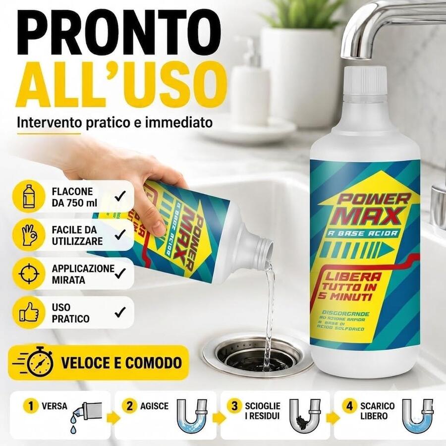 MAX POWER Professional Disgorgante Professionale per Scarichi a Base di Acido Solforico Liquido Potente per Sturare Tubi e Scarichi Ostruiti 750ml 
