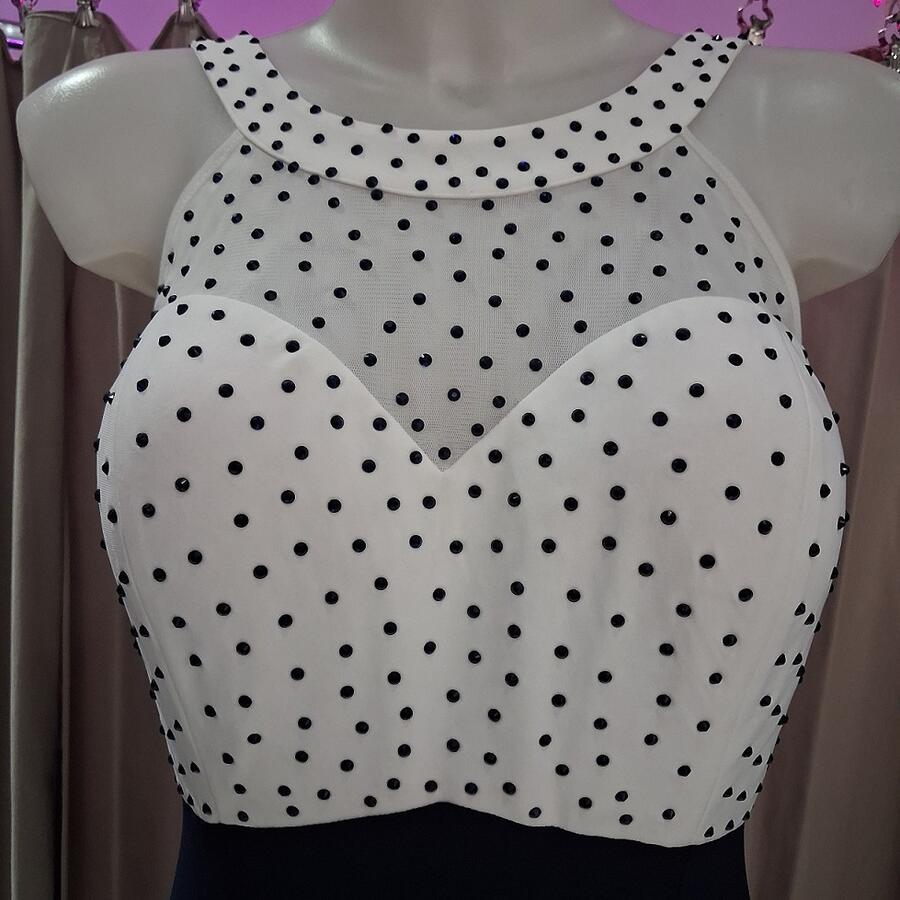0996 Abito lungo blu navy e bianco in jersey foderato con strass nel corpetto