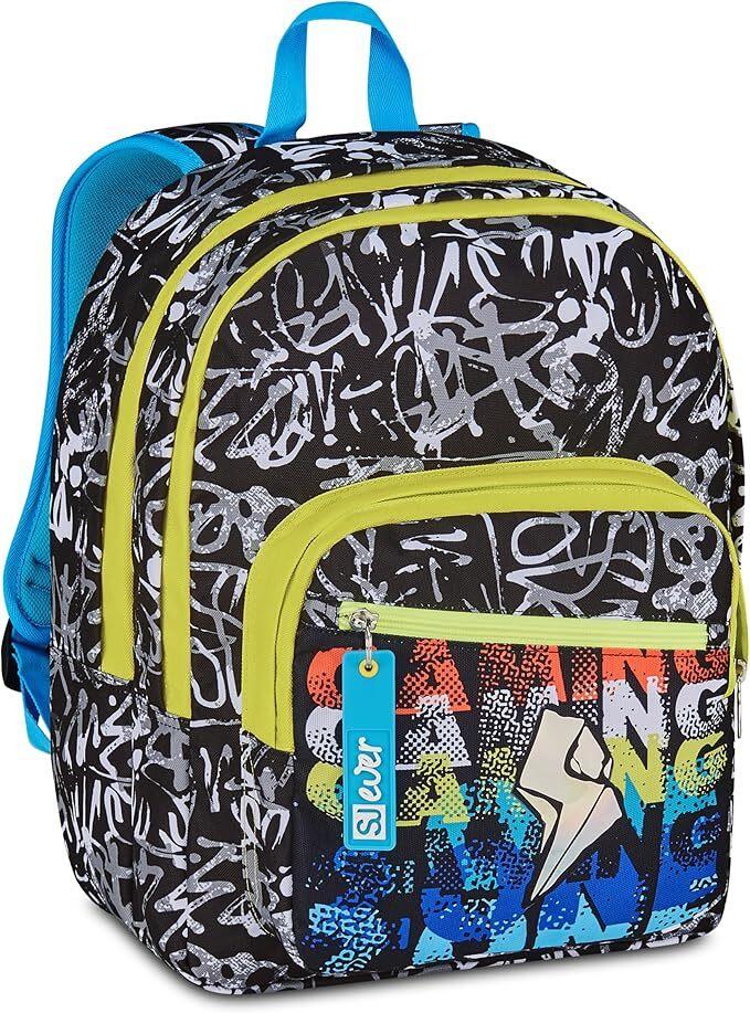 SJ GANG STYLE JAM GANG Zaino Doppio Scomparto Sj Ever, Nero, Tasca Porta Borraccia, Maxi Capienza, Schienale Preformato, Zaino Scuola Elementare, Bambino