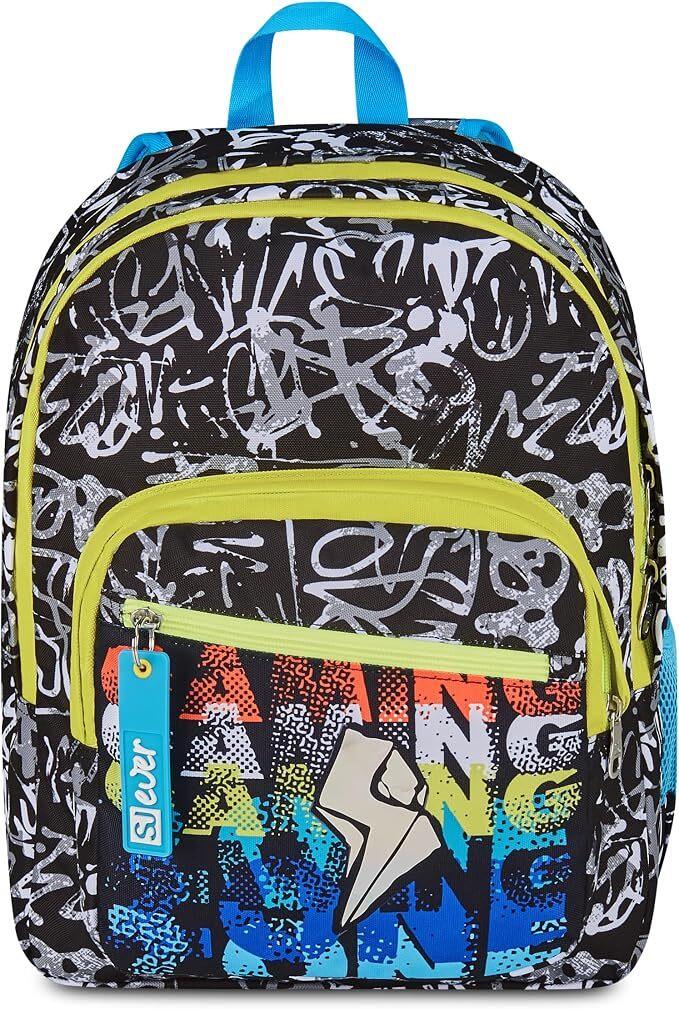 SJ GANG STYLE JAM GANG Zaino Doppio Scomparto Sj Ever, Nero, Tasca Porta Borraccia, Maxi Capienza, Schienale Preformato, Zaino Scuola Elementare, Bambino