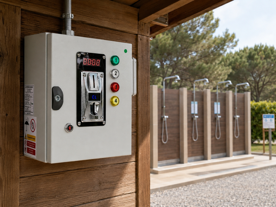 4 DOUCHES – Monnayeur multimonnaie avec électrovannes 12 Vcc