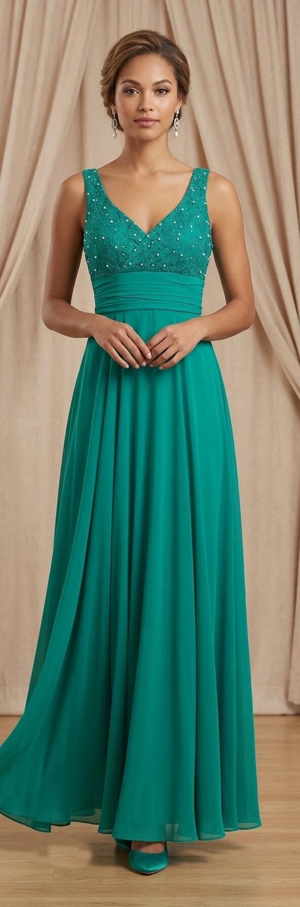 0998 Abito in chiffon foderato con corpetto in pizzo