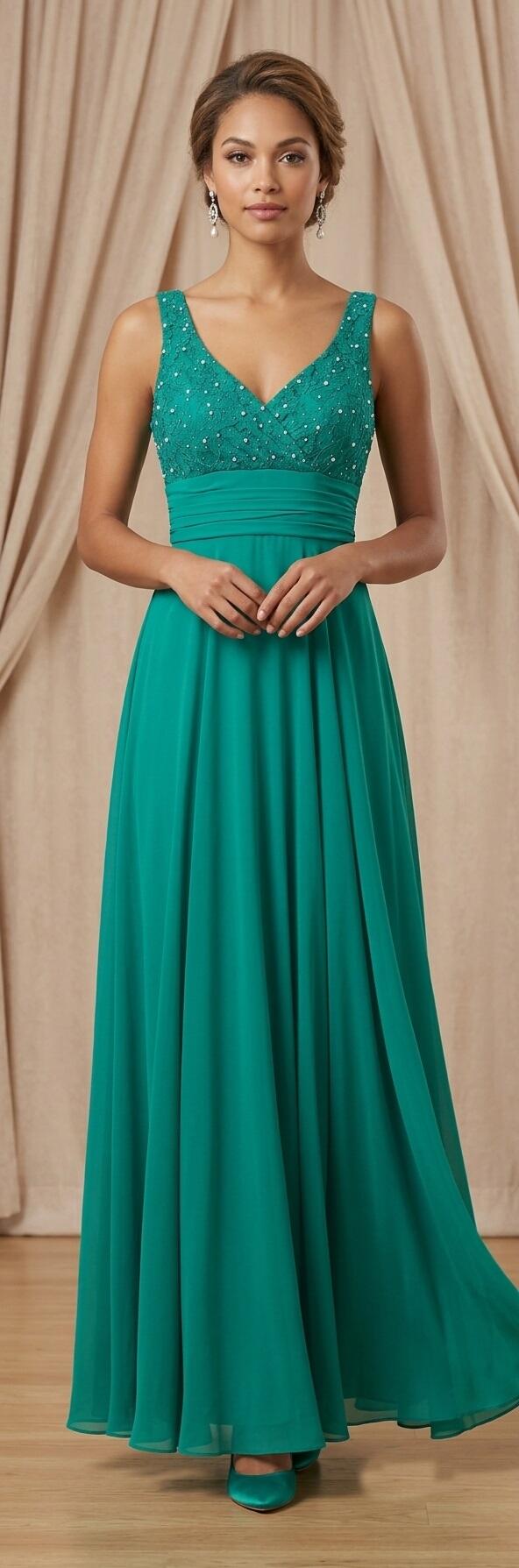 0998 Abito in chiffon foderato con corpetto in pizzo