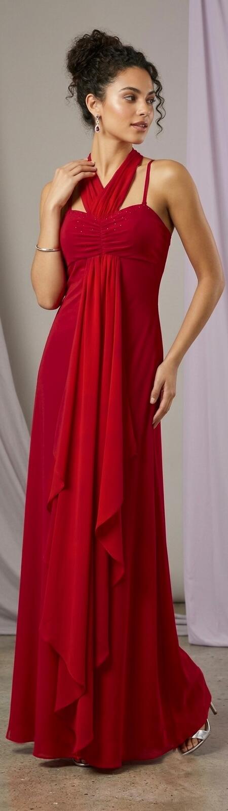 1002 Abito lungo rosso in jersey con volant in chiffon