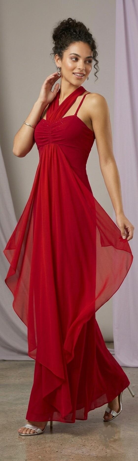 1002 Abito lungo rosso in jersey con volant in chiffon
