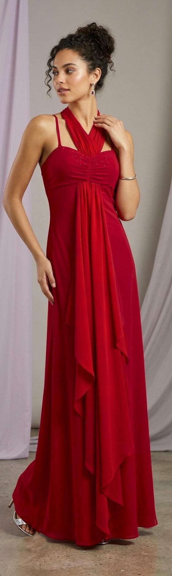 1002 Abito lungo rosso in jersey con volant in chiffon