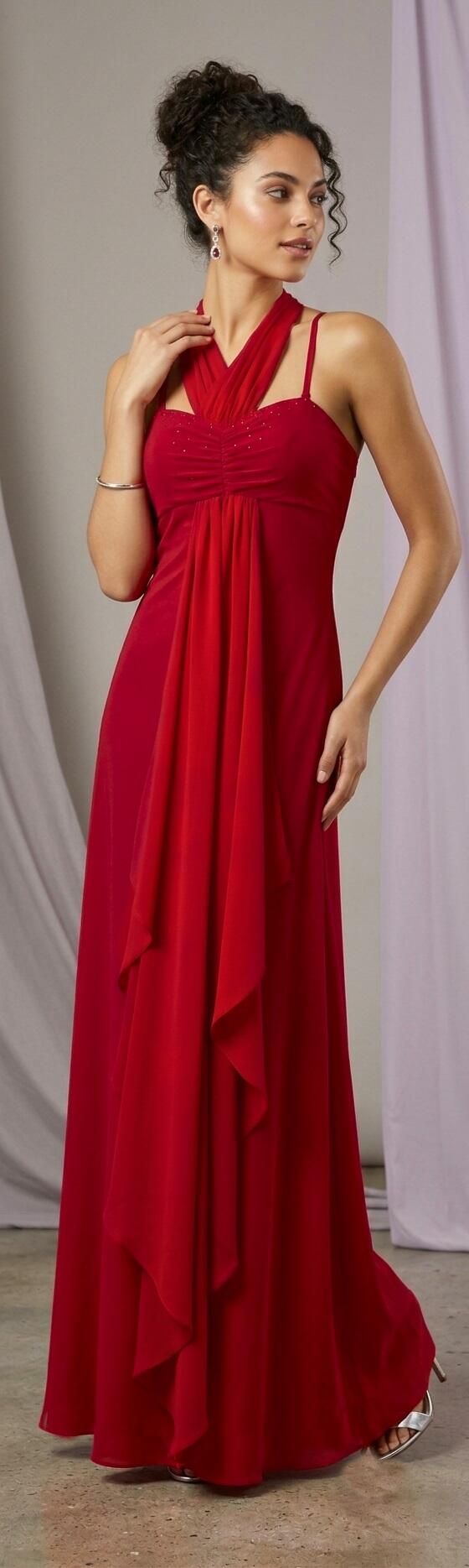 1002 Abito lungo rosso in jersey con volant in chiffon