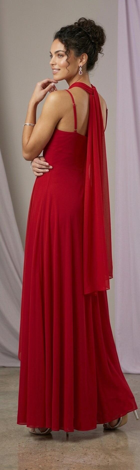 1002 Abito lungo rosso in jersey con volant in chiffon