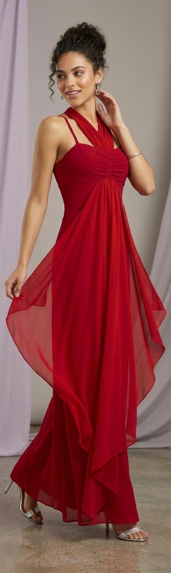 1002 Abito lungo rosso in jersey con volant in chiffon