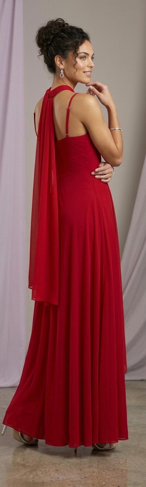 1002 Abito lungo rosso in jersey con volant in chiffon