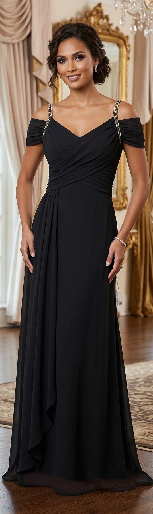 1006 Abito lungo in chiffon foderato con manichette e dettagli in strass nelle spelline