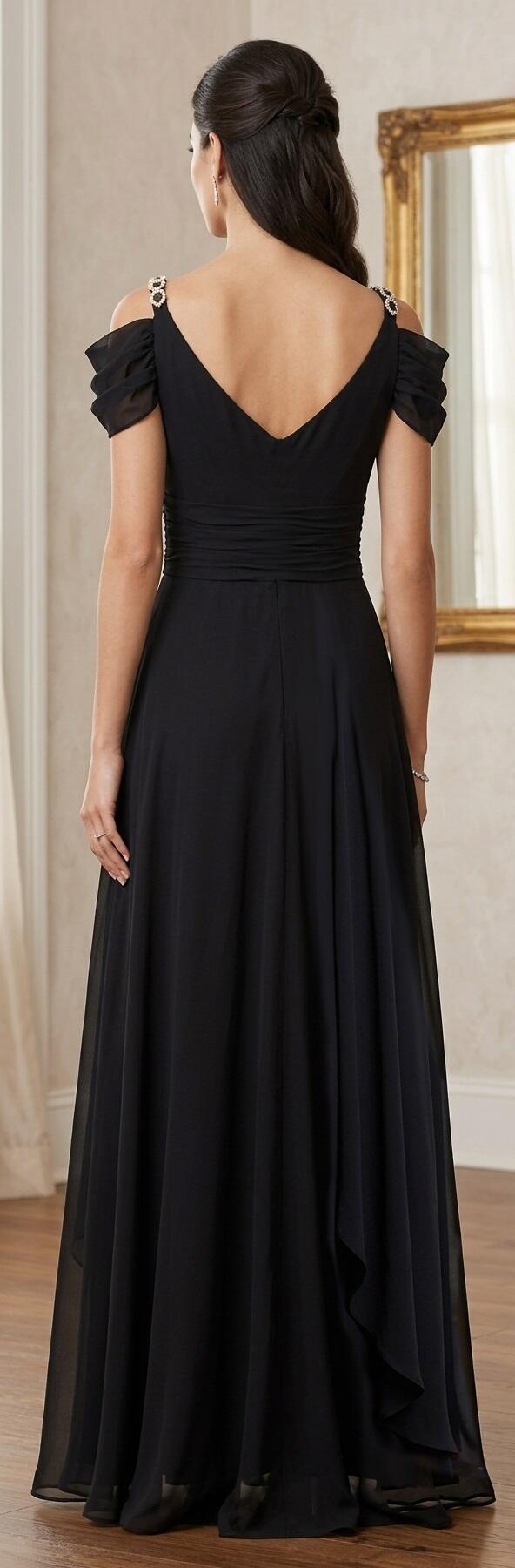 1006 Abito lungo in chiffon foderato con manichette e dettagli in strass nelle spelline