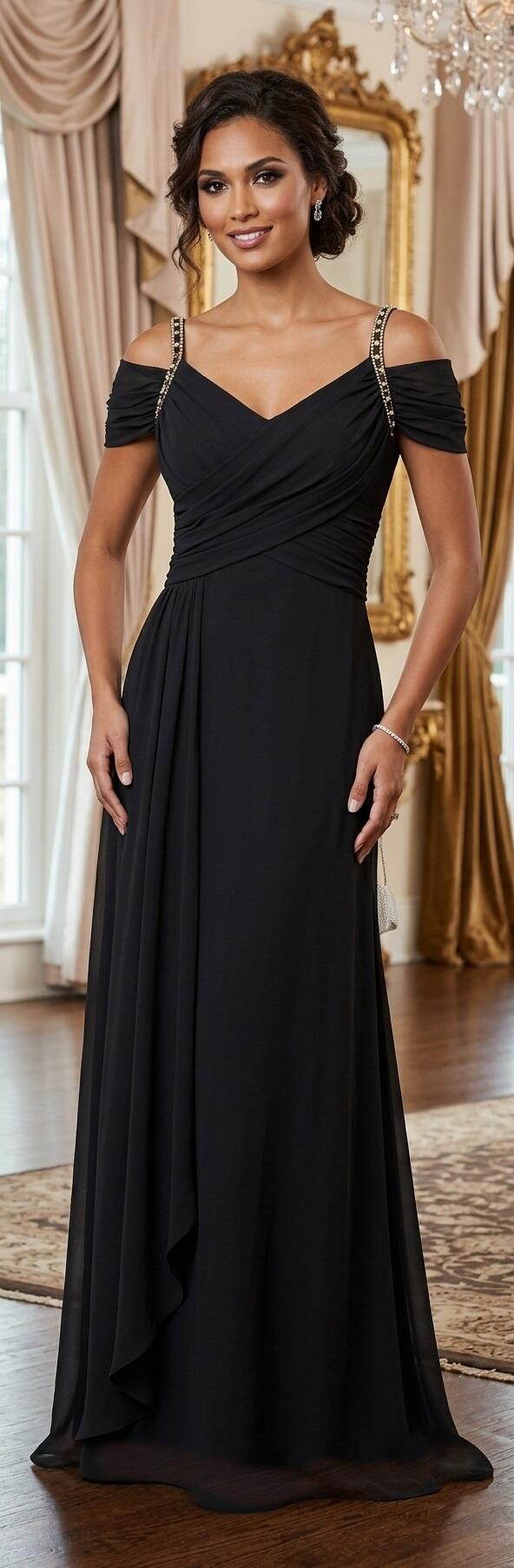 1006 Abito lungo in chiffon foderato con manichette e dettagli in strass nelle spelline