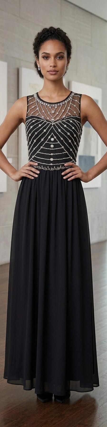 1007 Abito lungo in chiffon foderato con strass davanti e schiena trasparente